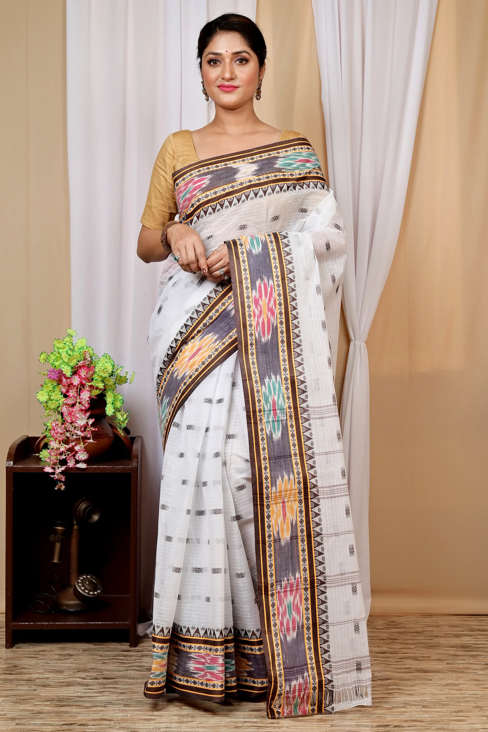Brown and White Pure Cotton Hema Tant Saree (1609)
