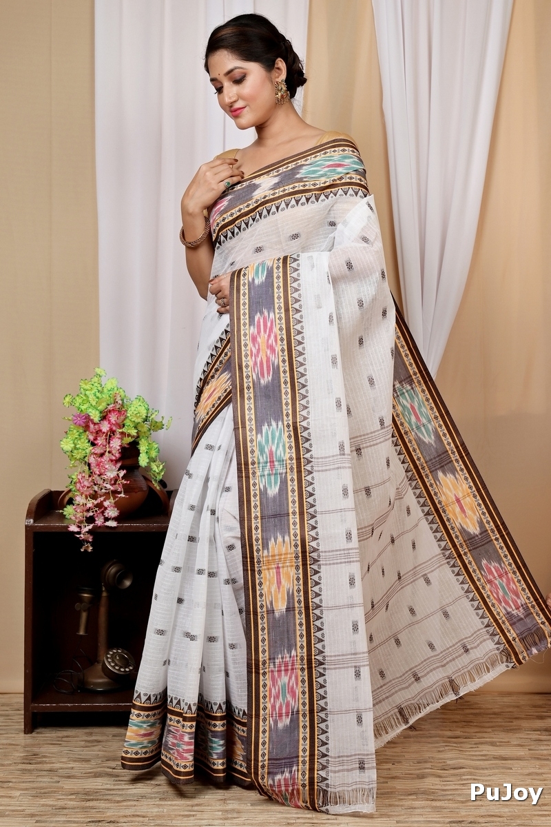 Brown and White Pure Cotton Hema Tant Saree (1609)