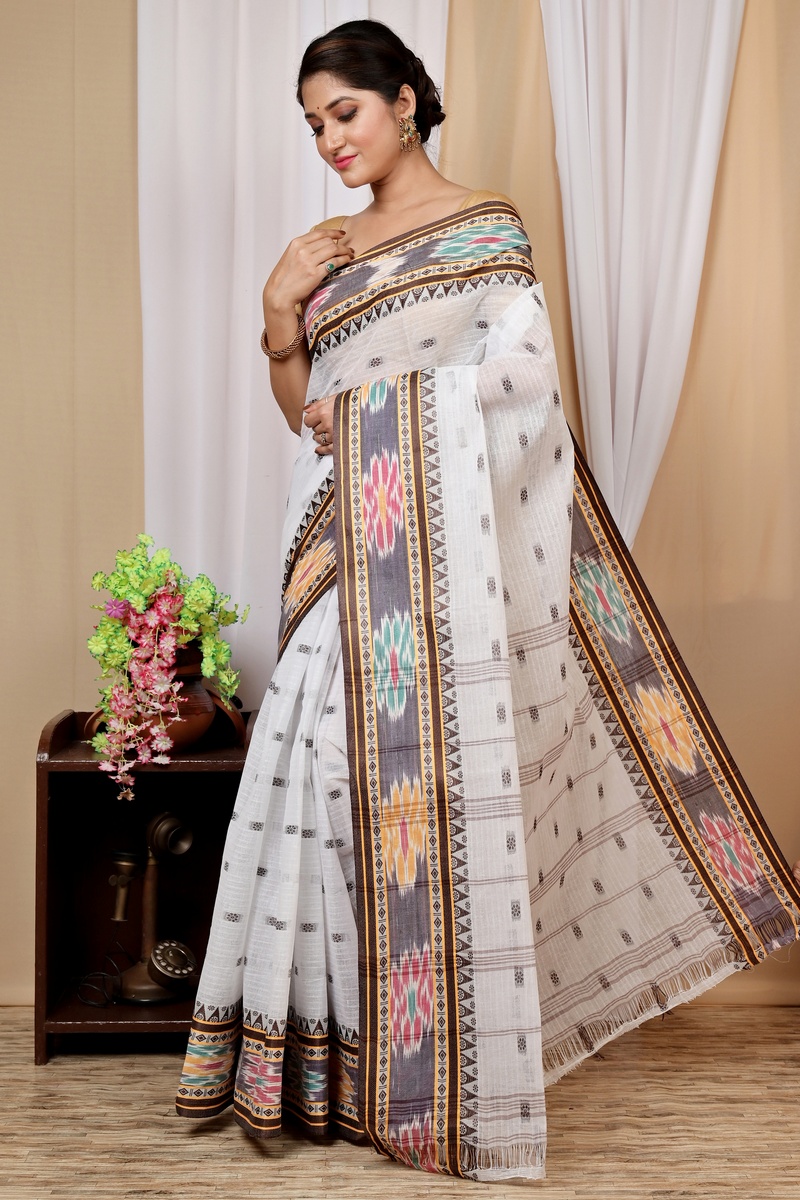 Brown and White Pure Cotton Hema Tant Saree (1609)