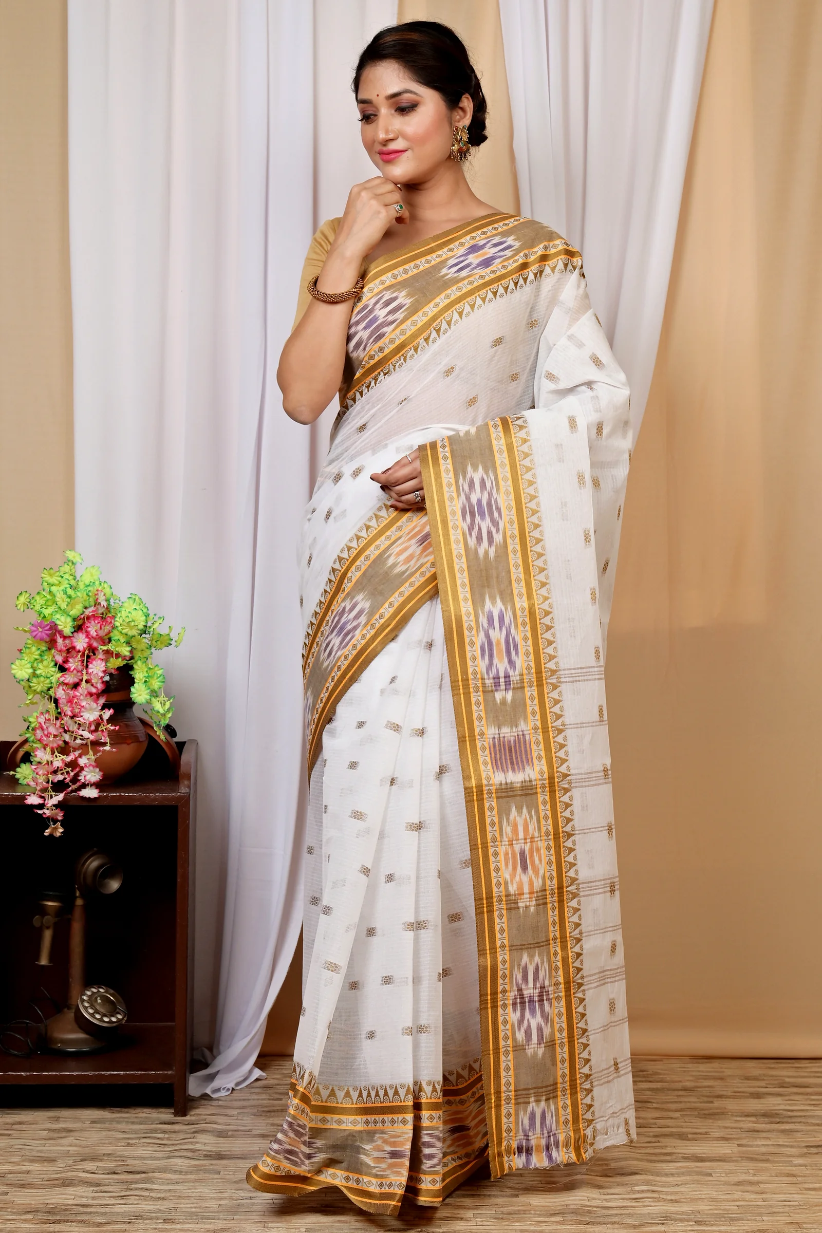 Yellow and White Pure Cotton Hema Tant Saree (1610)