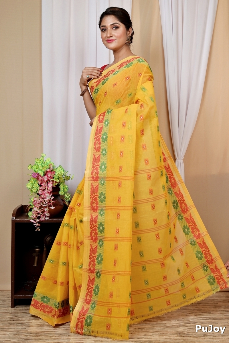 Yellow Pure Cotton Helok Tant Saree (1611)