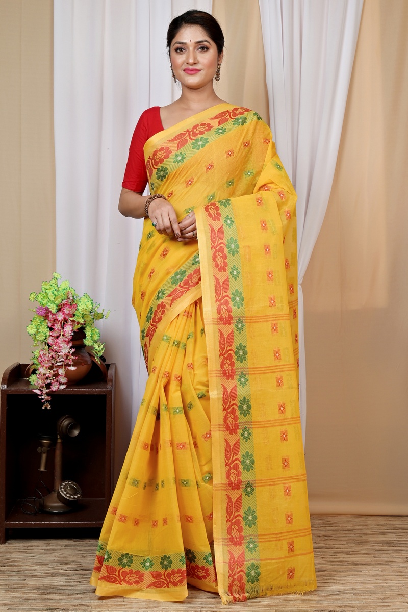 Yellow Pure Cotton Helok Tant Saree (1611)