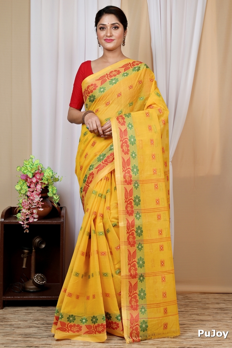Yellow Pure Cotton Helok Tant Saree (1611)