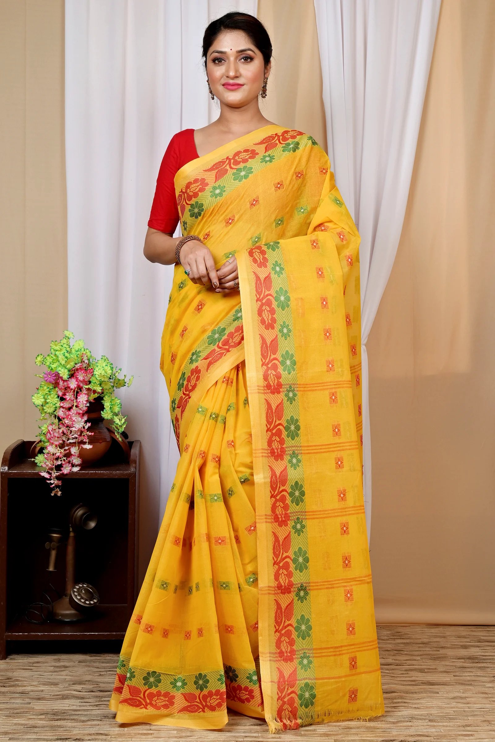Yellow Pure Cotton Helok Tant Saree (1611)
