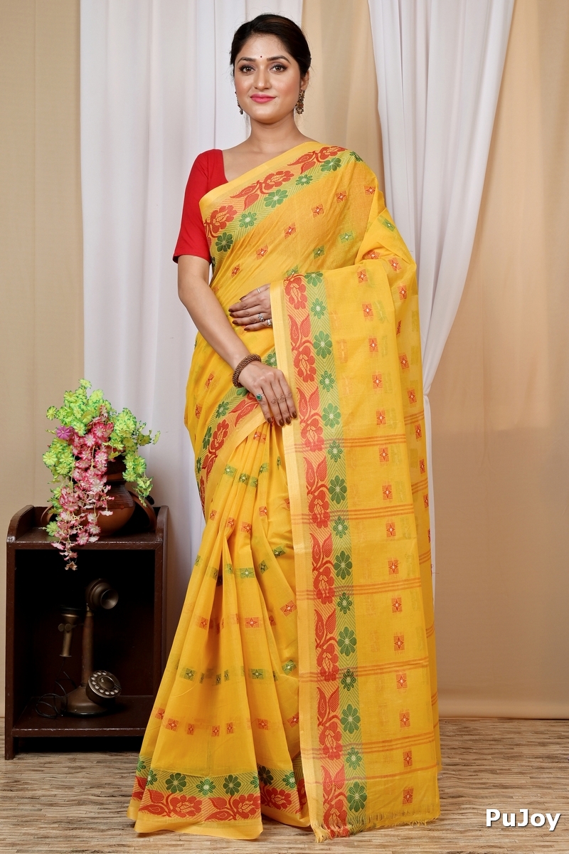Yellow Pure Cotton Helok Tant Saree (1611)