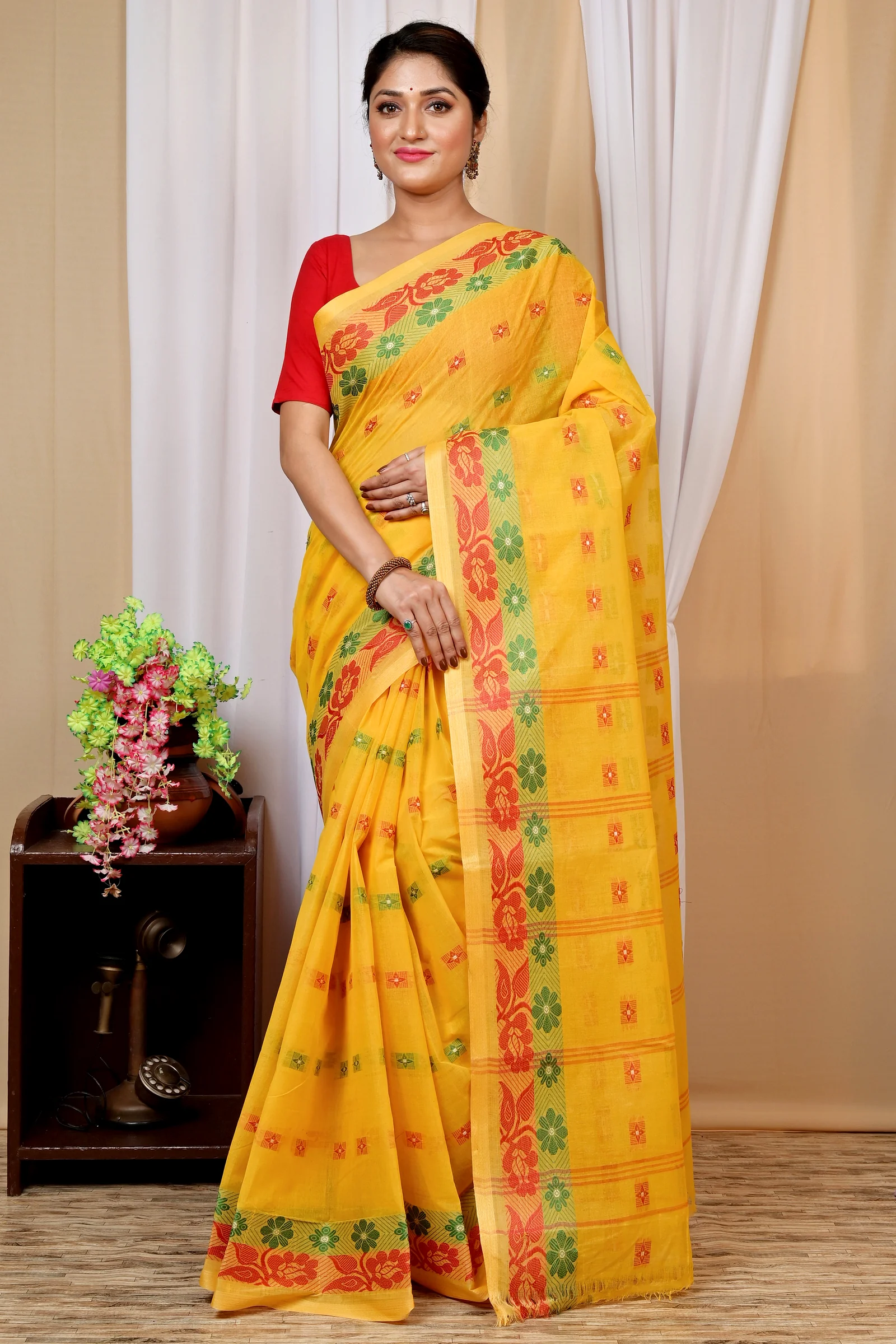 Yellow Pure Cotton Helok Tant Saree (1611)