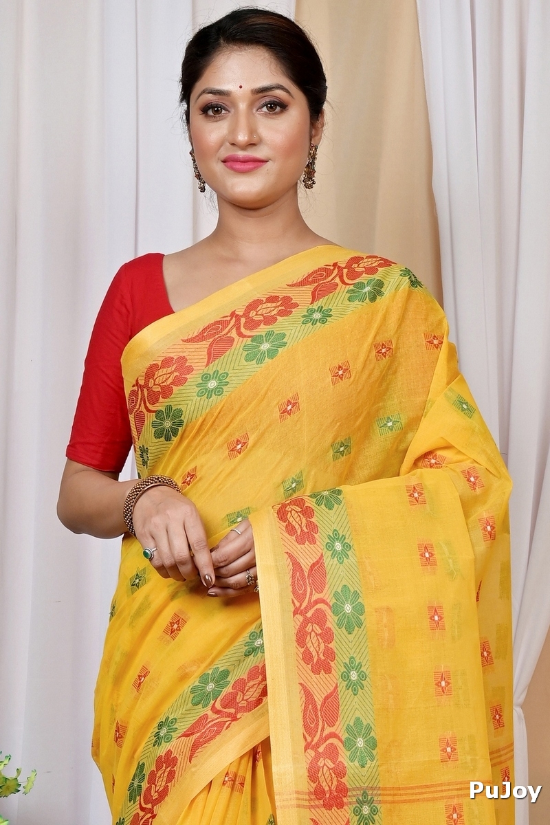 Yellow Pure Cotton Helok Tant Saree (1611)