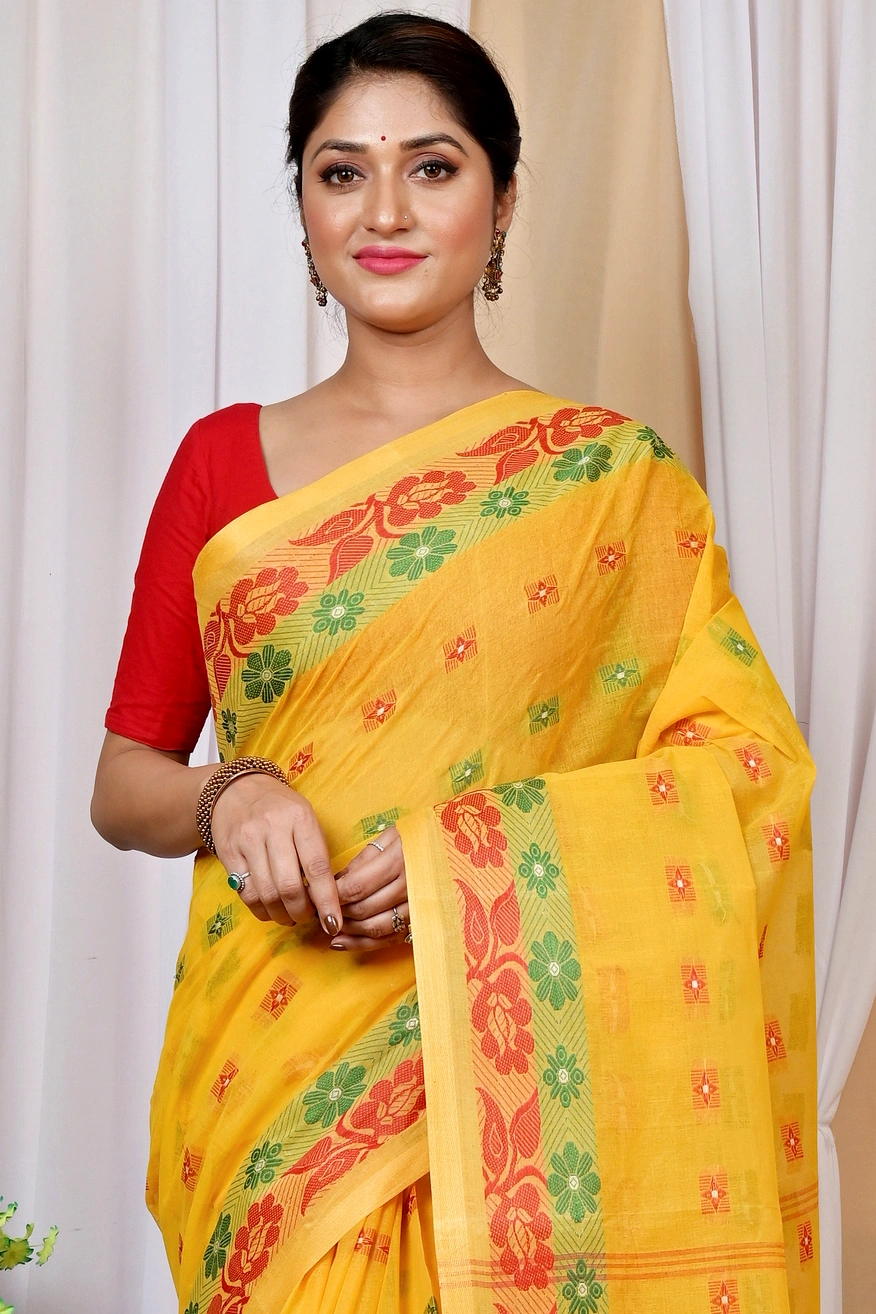 Yellow Pure Cotton Helok Tant Saree (1611)