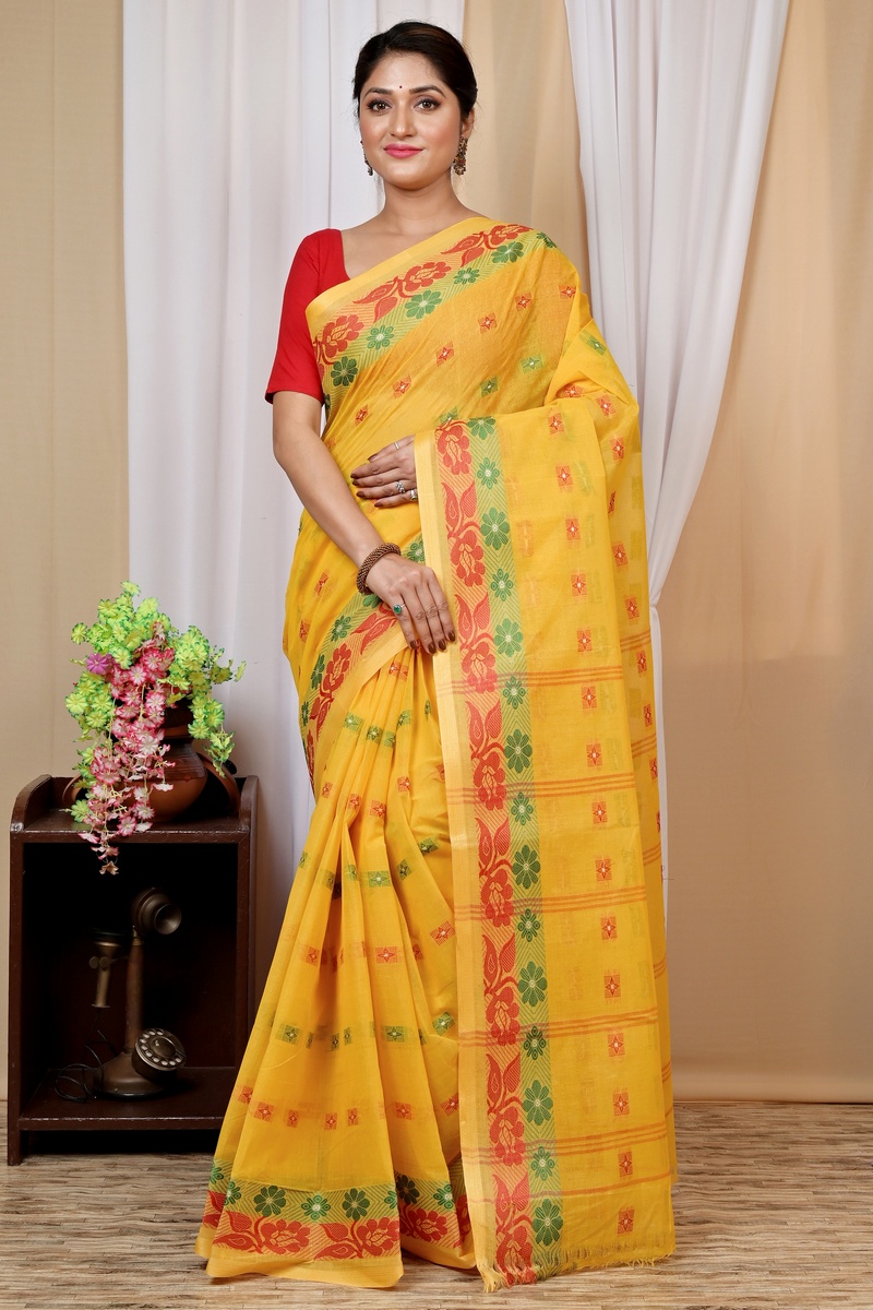 Yellow Pure Cotton Helok Tant Saree (1611)