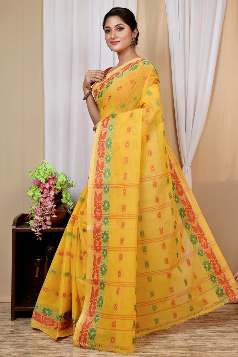 Yellow Pure Cotton Helok Tant Saree (1611)