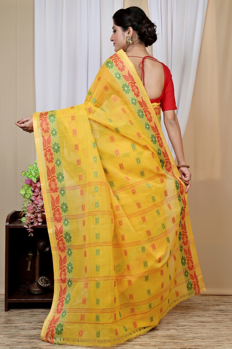 Yellow Pure Cotton Helok Tant Saree (1611)