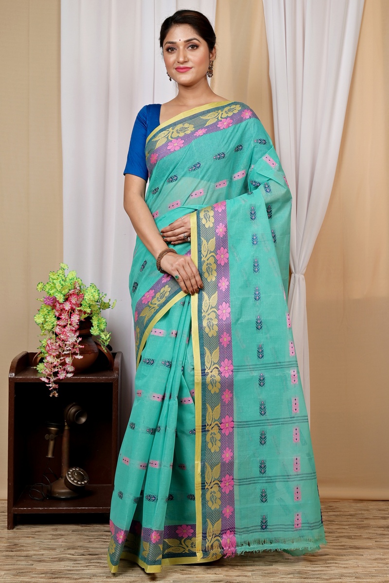 Green Pure Cotton Helok Tant Saree (1612)