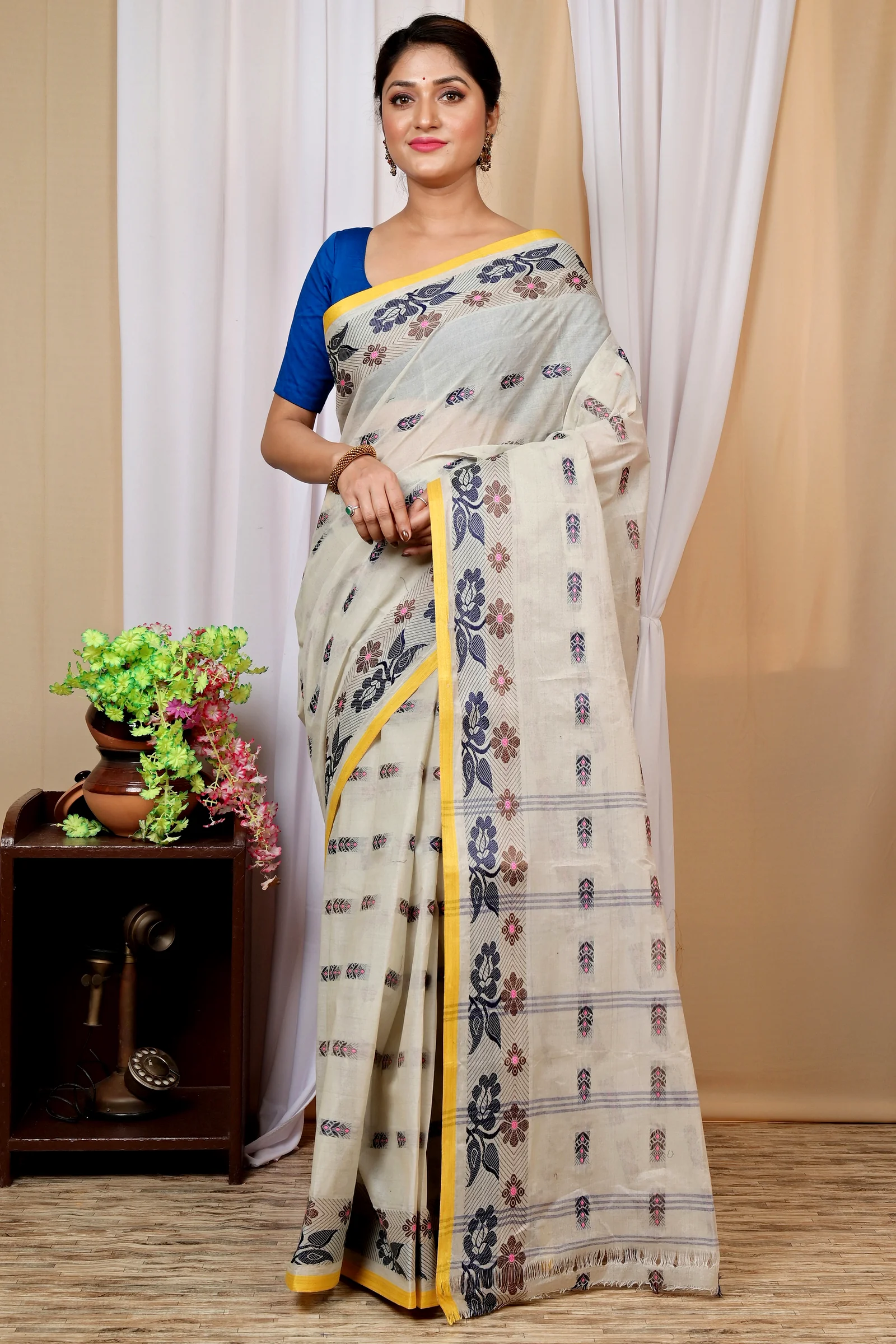 Off-White Pure Cotton Helok Tant Saree (1613)