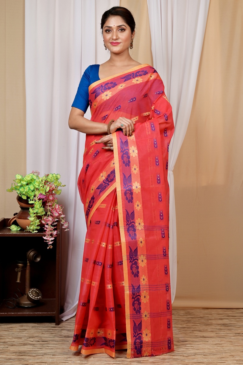 Drak Pink Pure Cotton Helok Tant Saree (1614)
