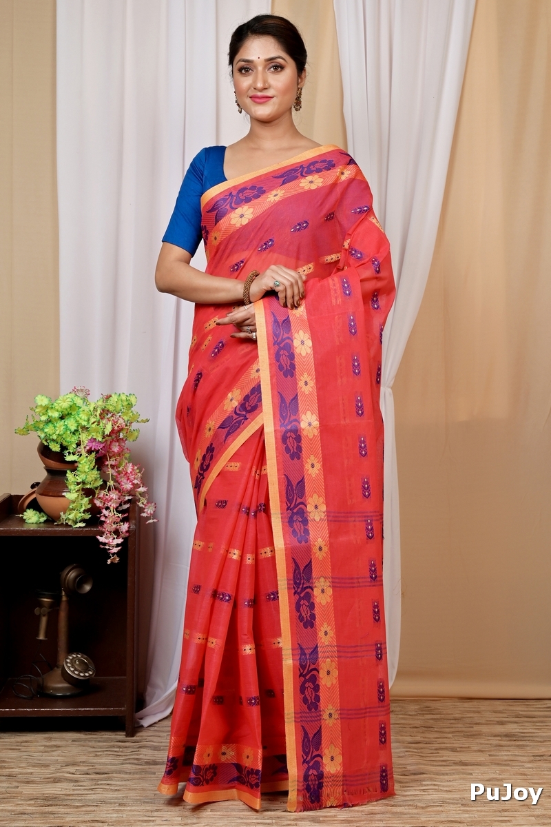 Drak Pink Pure Cotton Helok Tant Saree (1614)