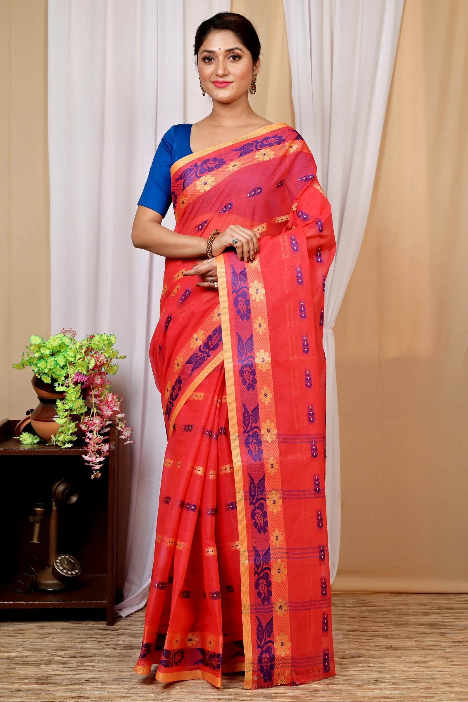Drak Pink Pure Cotton Helok Tant Saree (1614)