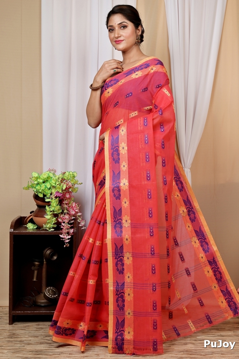 Drak Pink Pure Cotton Helok Tant Saree (1614)