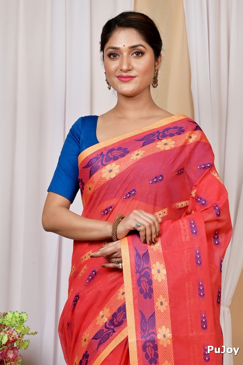 Drak Pink Pure Cotton Helok Tant Saree (1614)