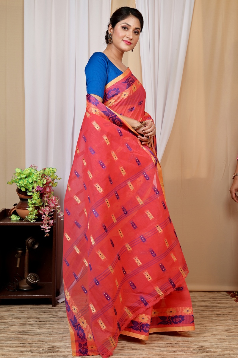 Drak Pink Pure Cotton Helok Tant Saree (1614)