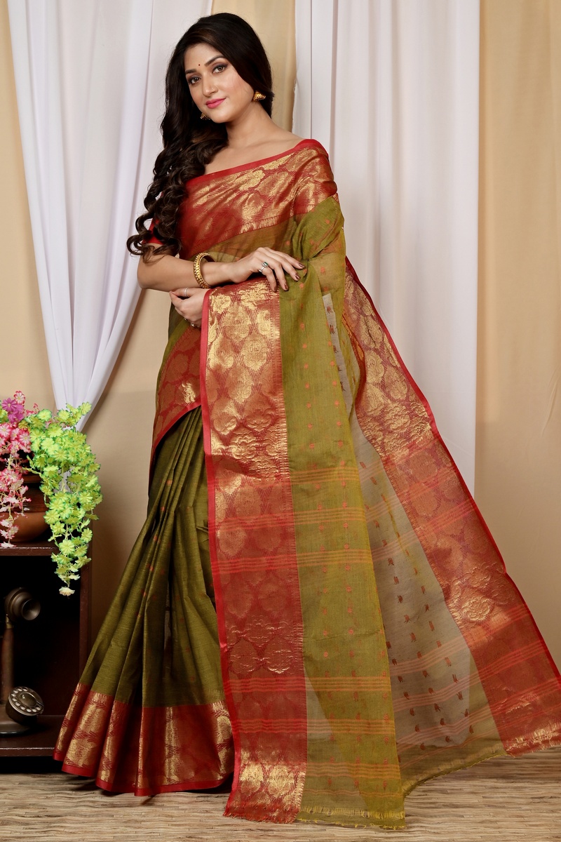 Green Pure Cotton Asmanito Tant Saree (1616)