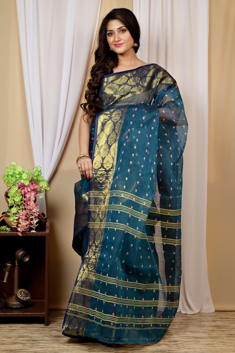 Dark Green Pure Cotton Asmanito Tant Saree (1617)