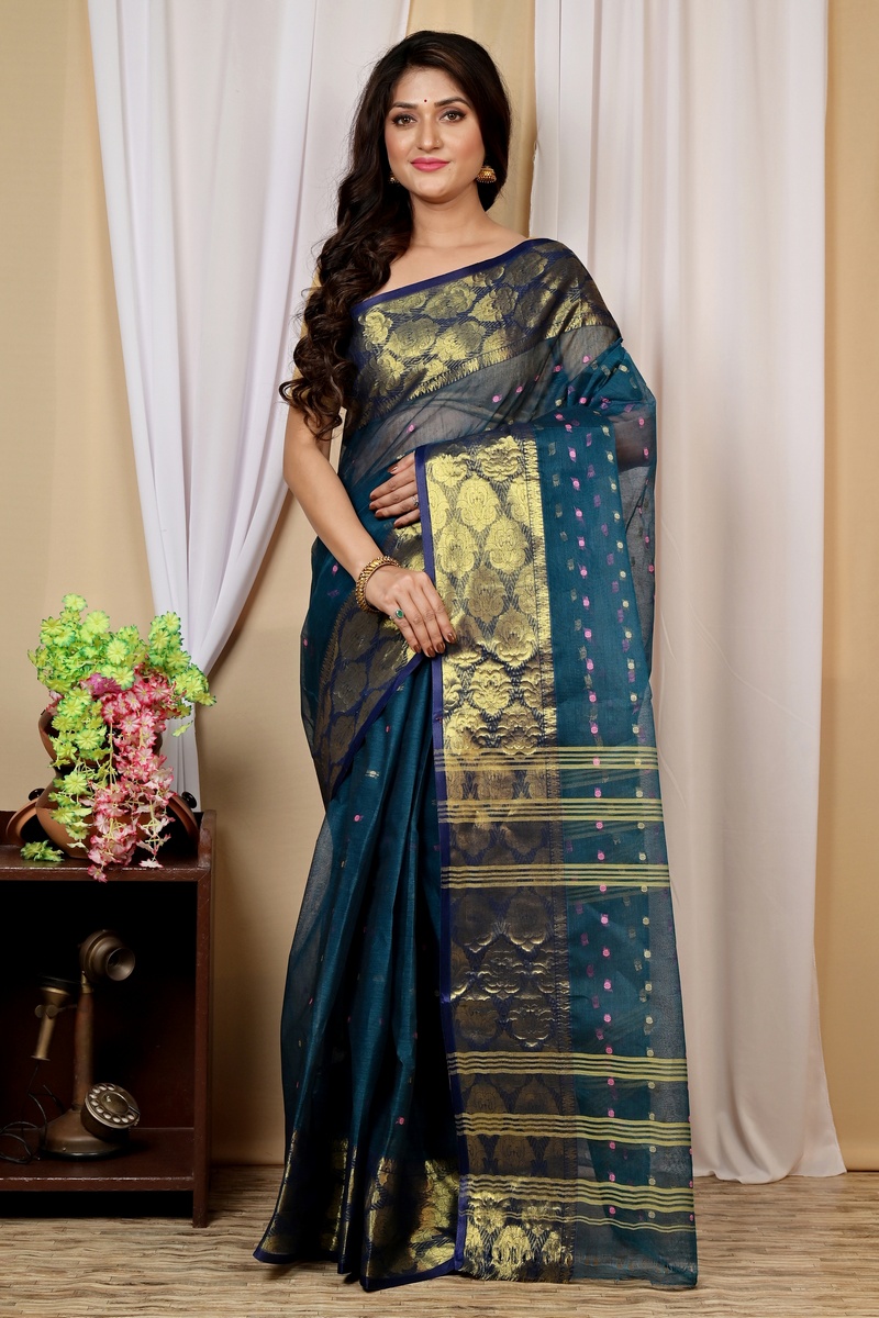 Dark Green Pure Cotton Asmanito Tant Saree (1617)