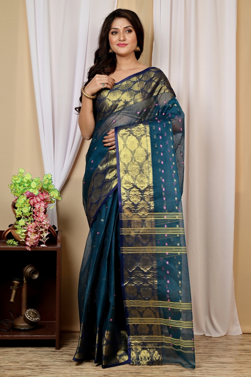 Dark Green Pure Cotton Asmanito Tant Saree (1617)