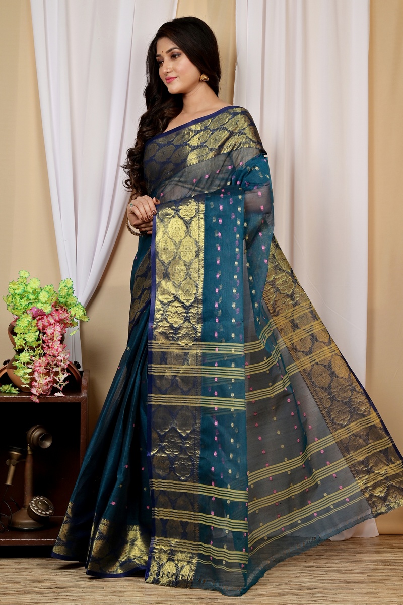 Dark Green Pure Cotton Asmanito Tant Saree (1617)
