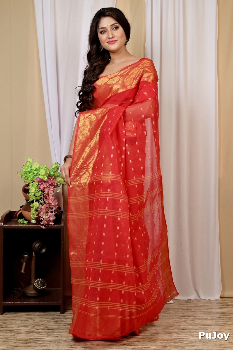 Red Pure Cotton Asmanito Tant Saree (1618)
