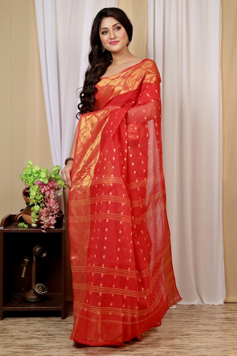 Red Pure Cotton Asmanito Tant Saree (1618)