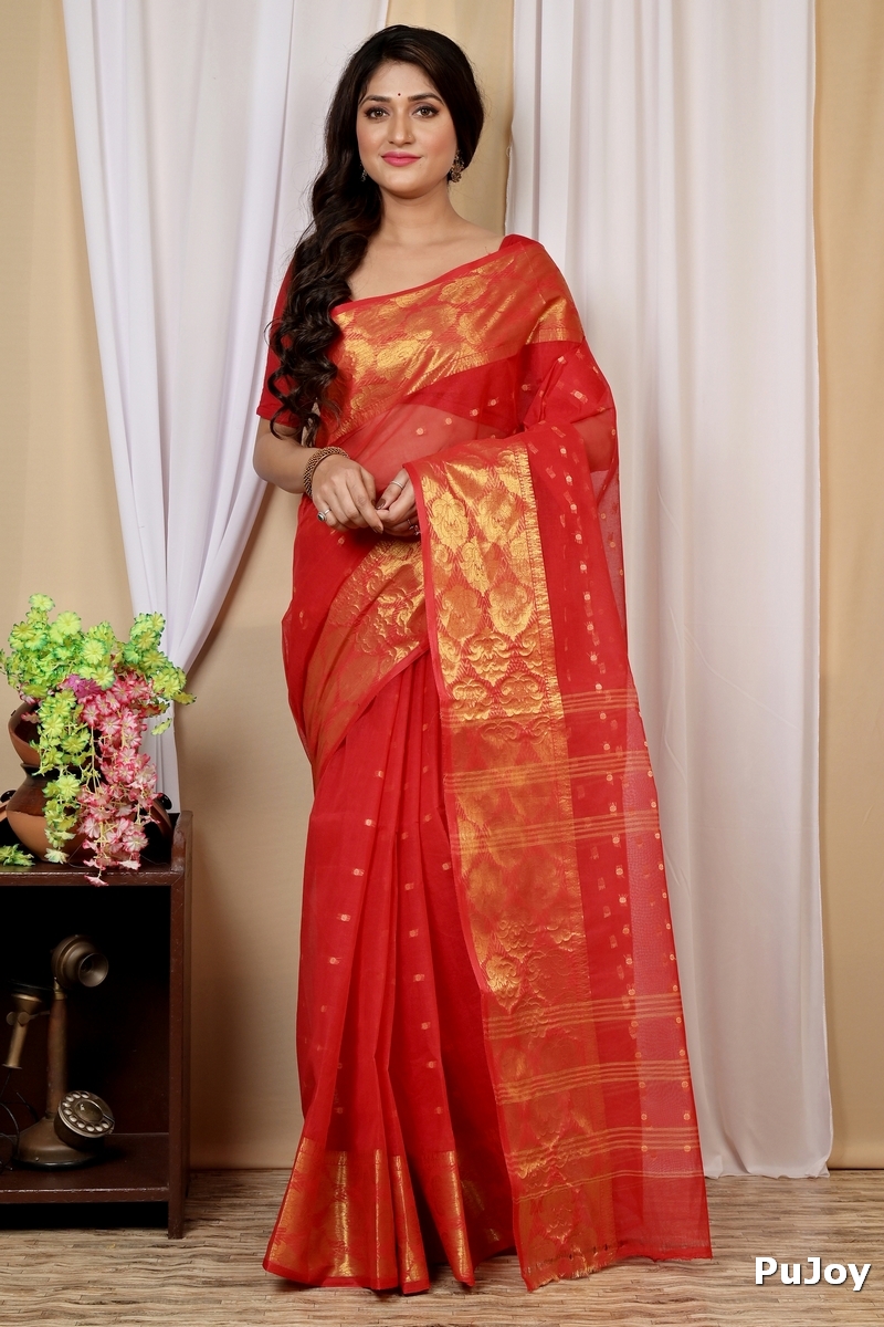 Red Pure Cotton Asmanito Tant Saree (1618)