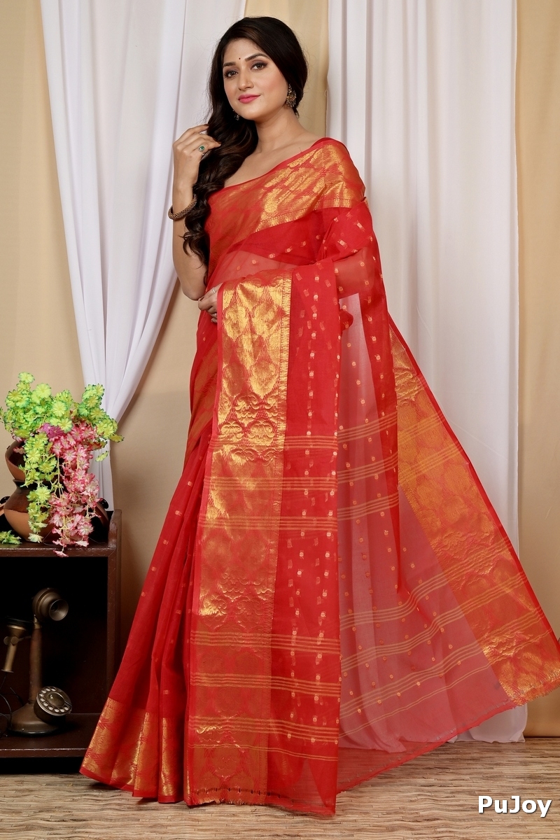 Red Pure Cotton Asmanito Tant Saree (1618)