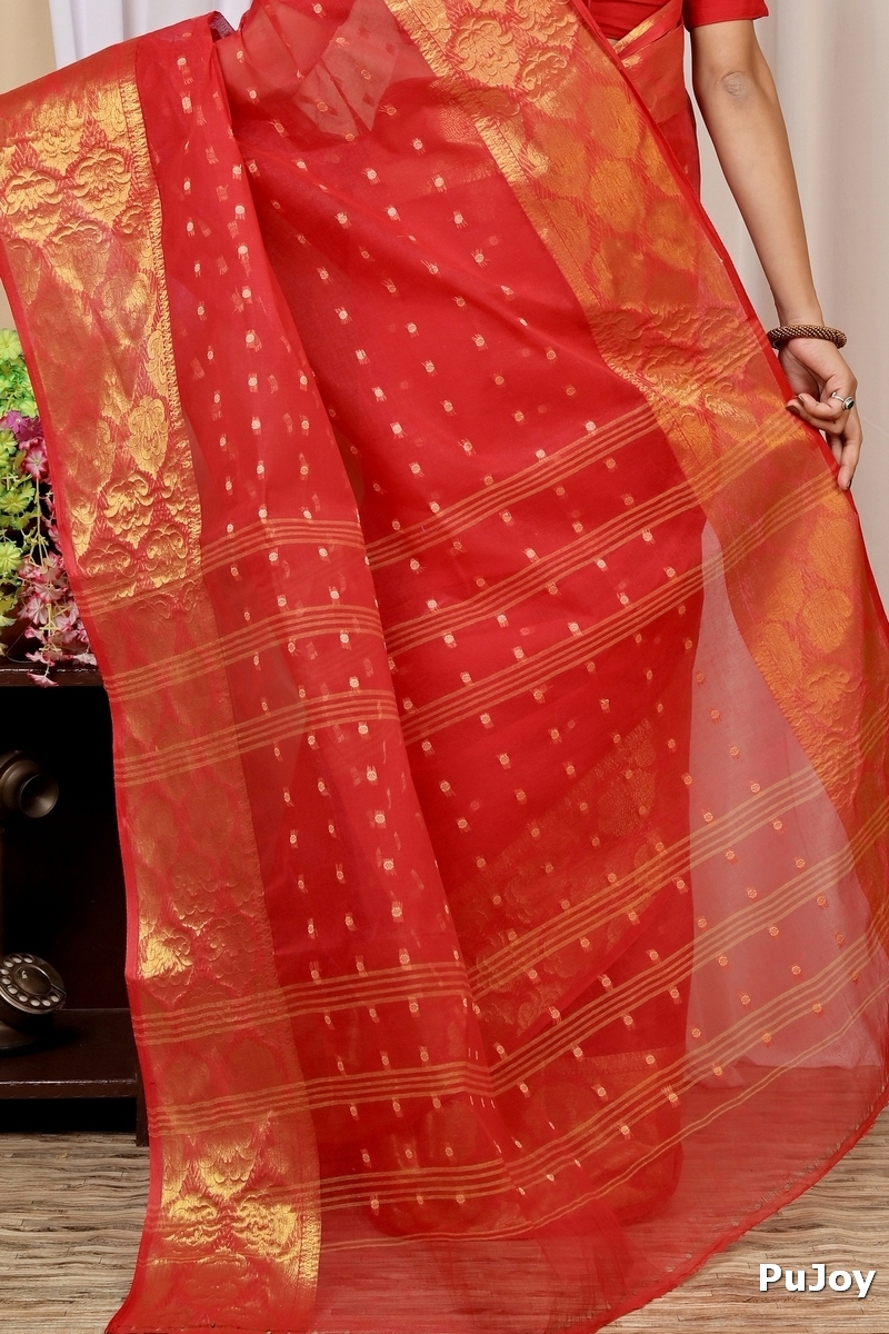 Red Pure Cotton Asmanito Tant Saree (1618)