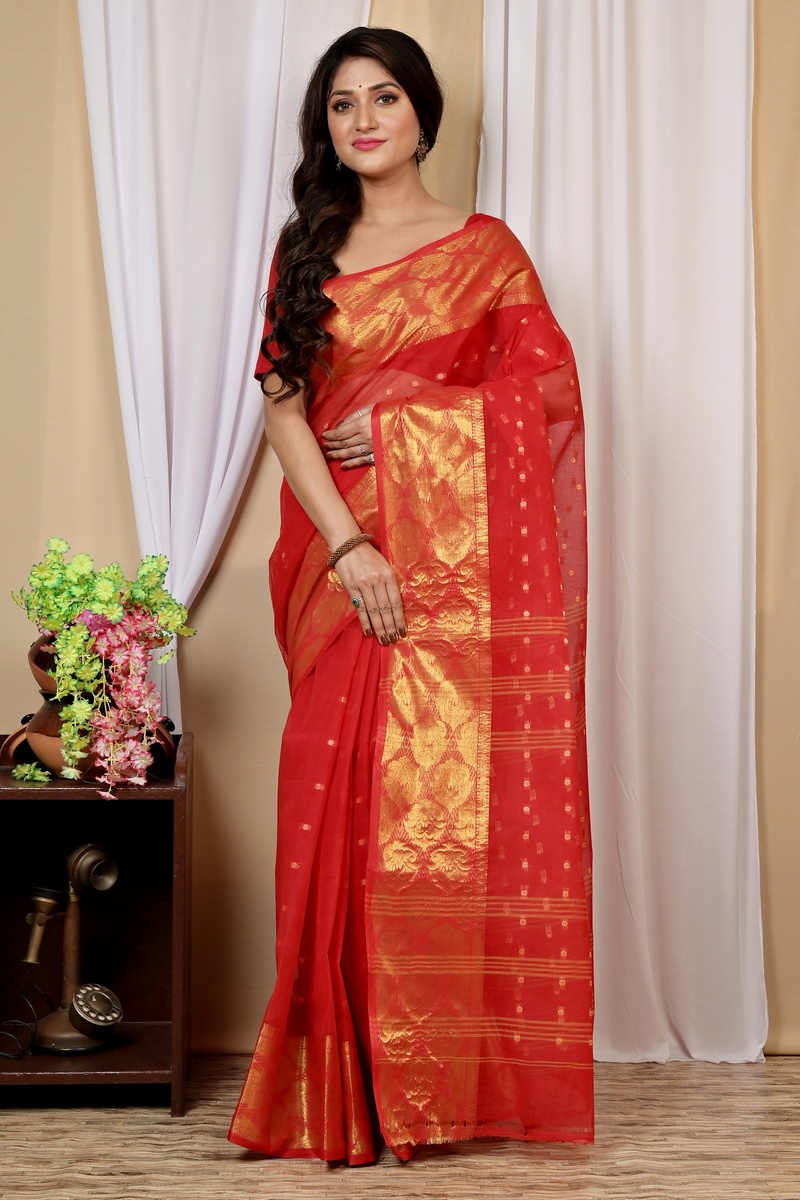 Red Pure Cotton Asmanito Tant Saree (1618)