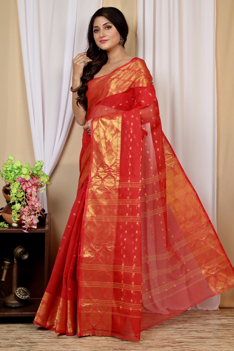 Red Pure Cotton Asmanito Tant Saree (1618)