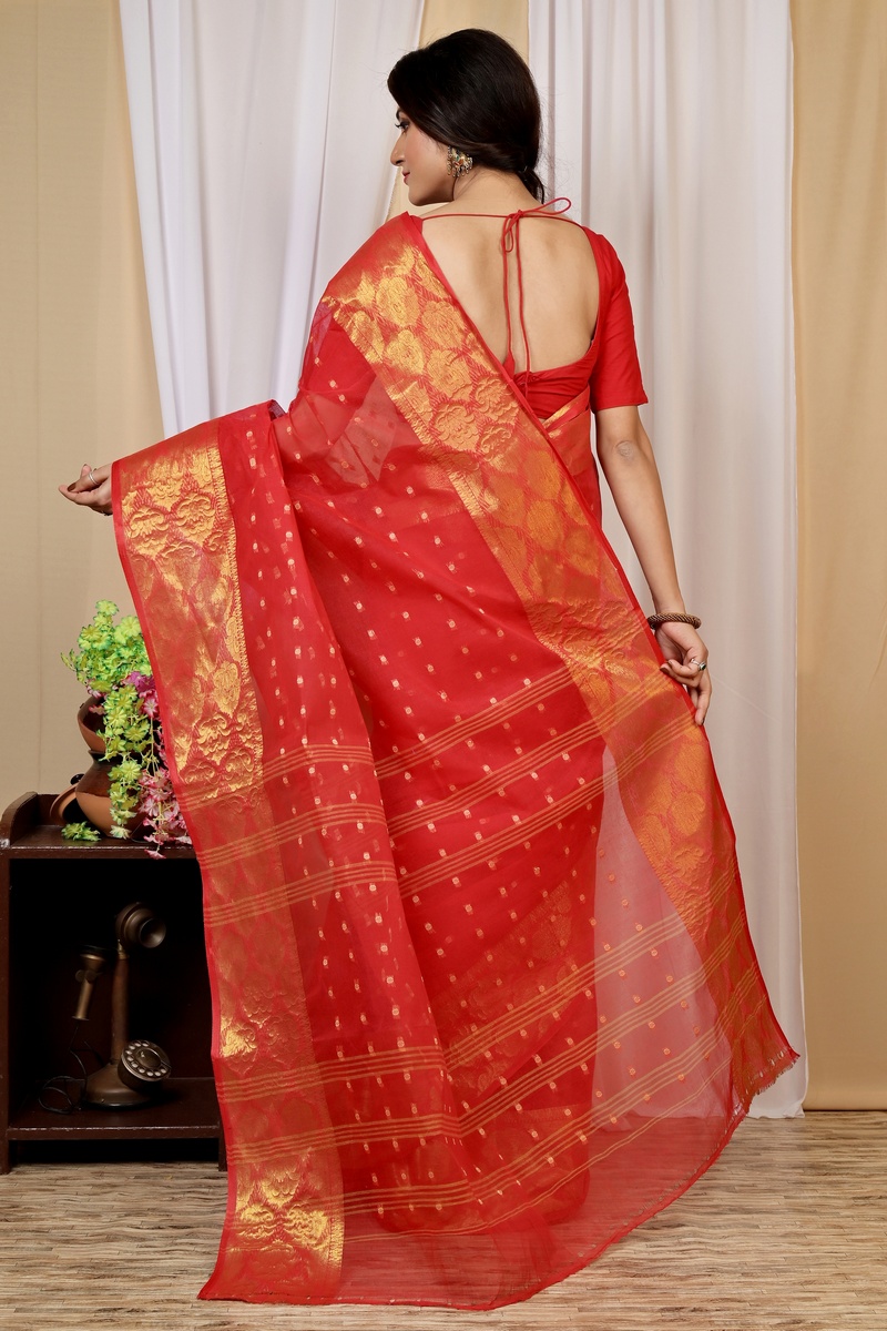 Red Pure Cotton Asmanito Tant Saree (1618)