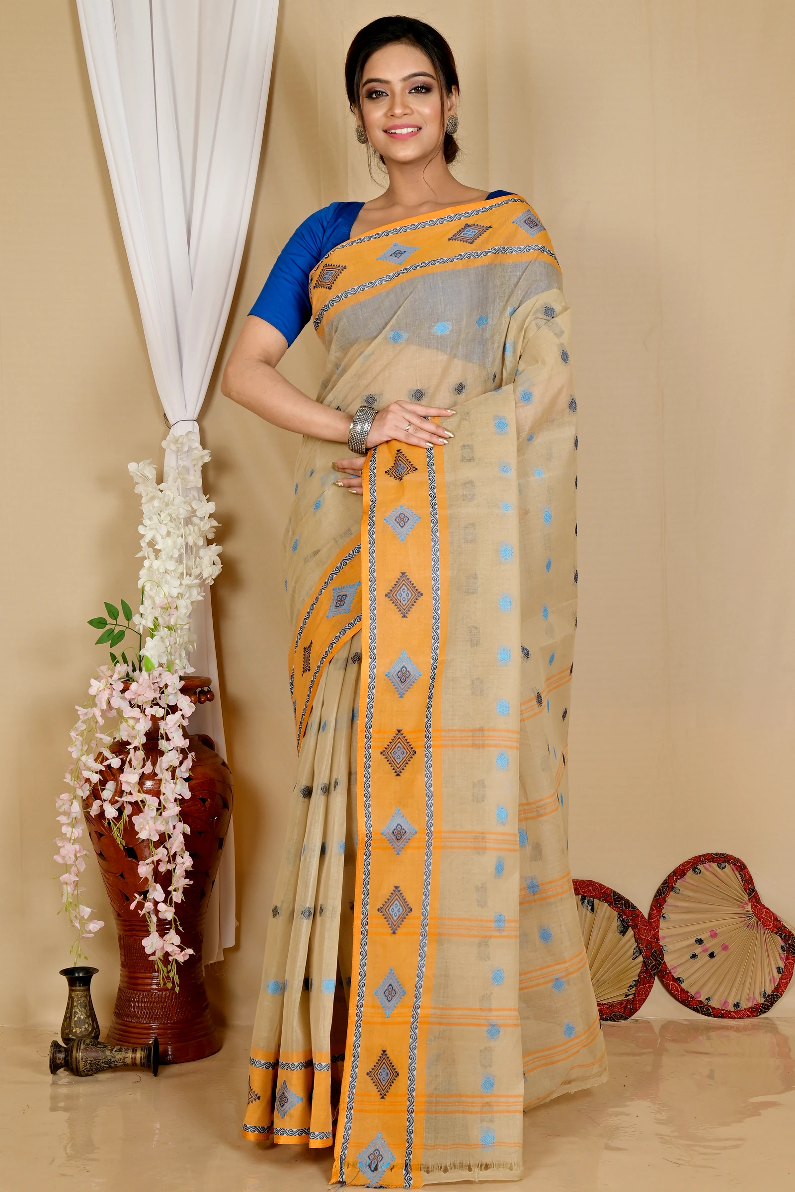 Cream Pure Cotton Apula Tant Saree (1620)