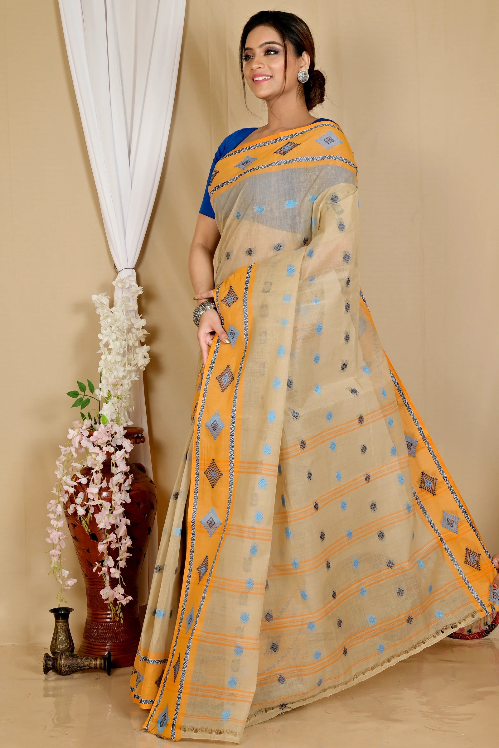 Cream Pure Cotton Apula Tant Saree (1620)