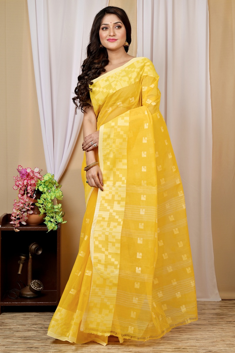 Yellow Pure Cotton Aptuk Tant Saree (1625)
