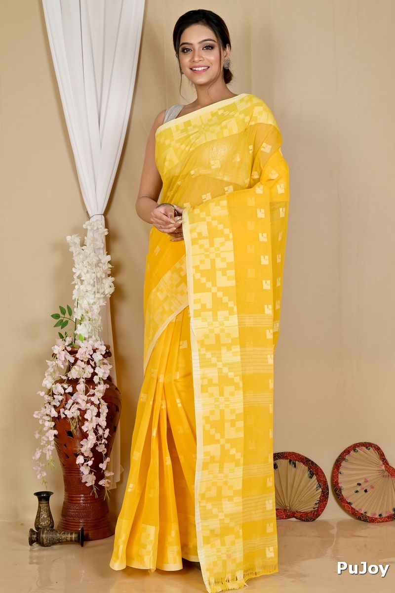 Yellow Pure Cotton Aptuk Tant Saree (1625)