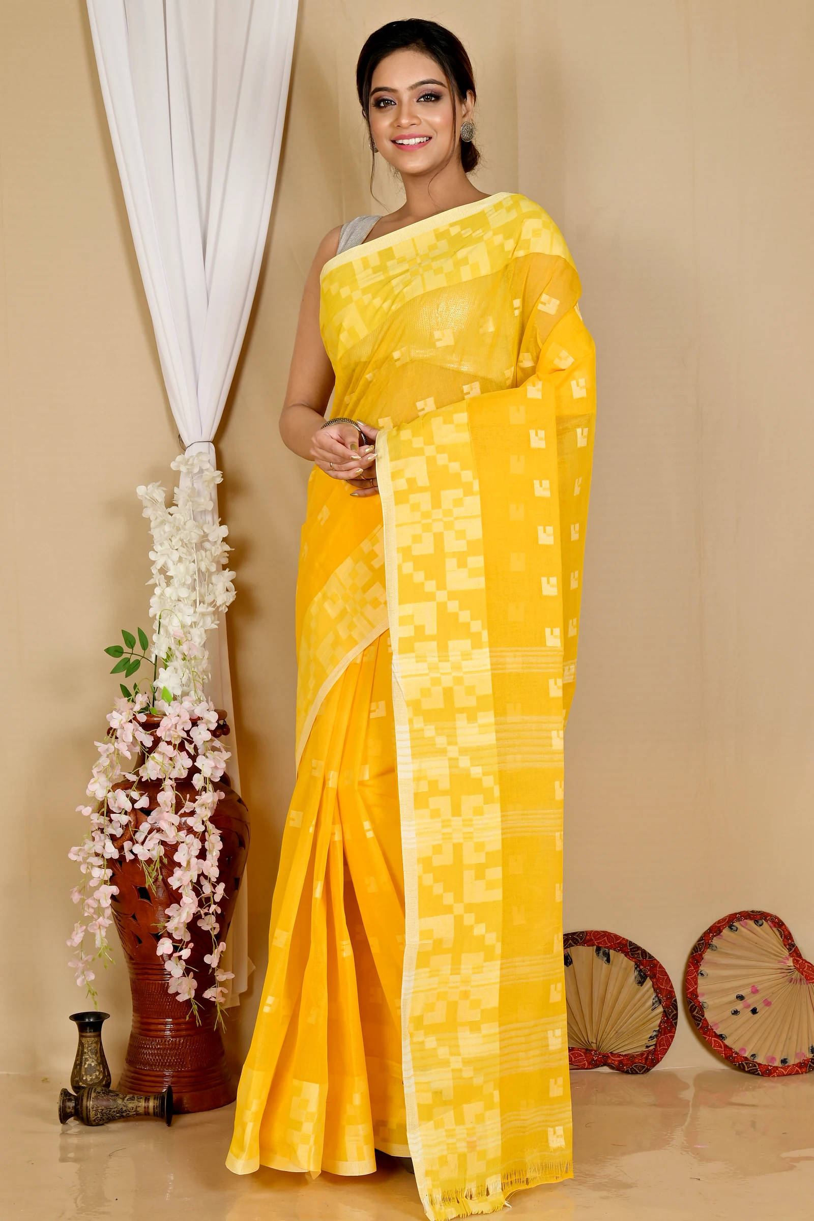 Yellow Pure Cotton Aptuk Tant Saree (1625)