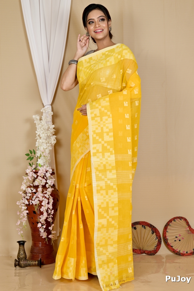 Yellow Pure Cotton Aptuk Tant Saree (1625)