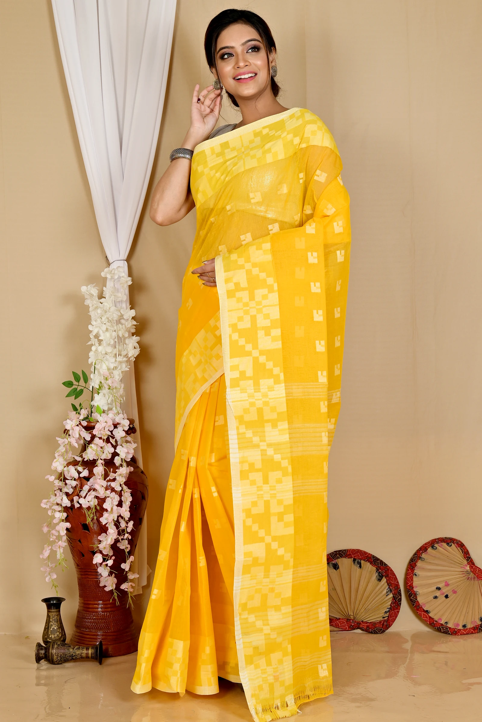 Yellow Pure Cotton Aptuk Tant Saree (1625)