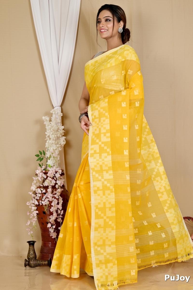Yellow Pure Cotton Aptuk Tant Saree (1625)