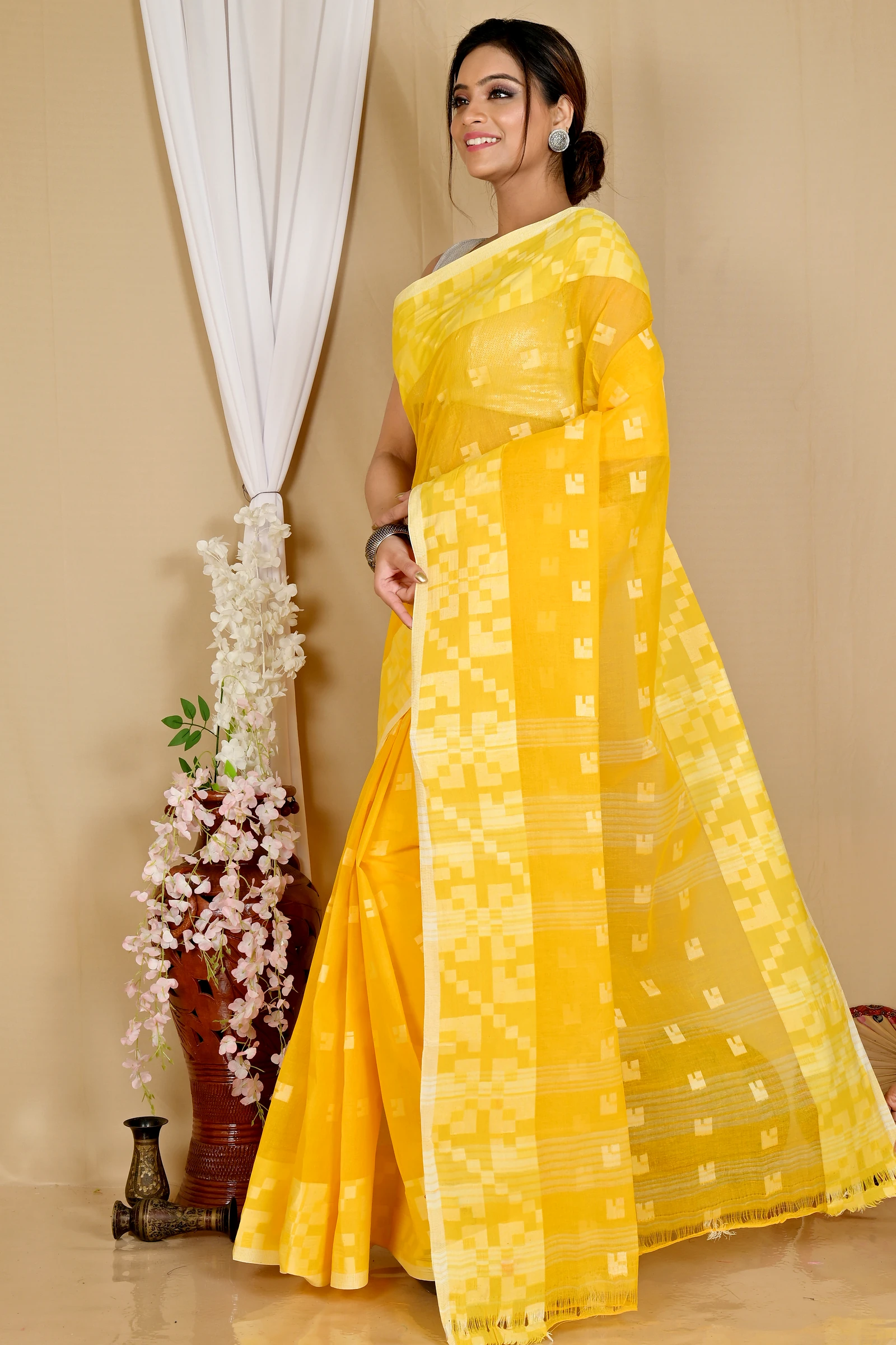 Yellow Pure Cotton Aptuk Tant Saree (1625)