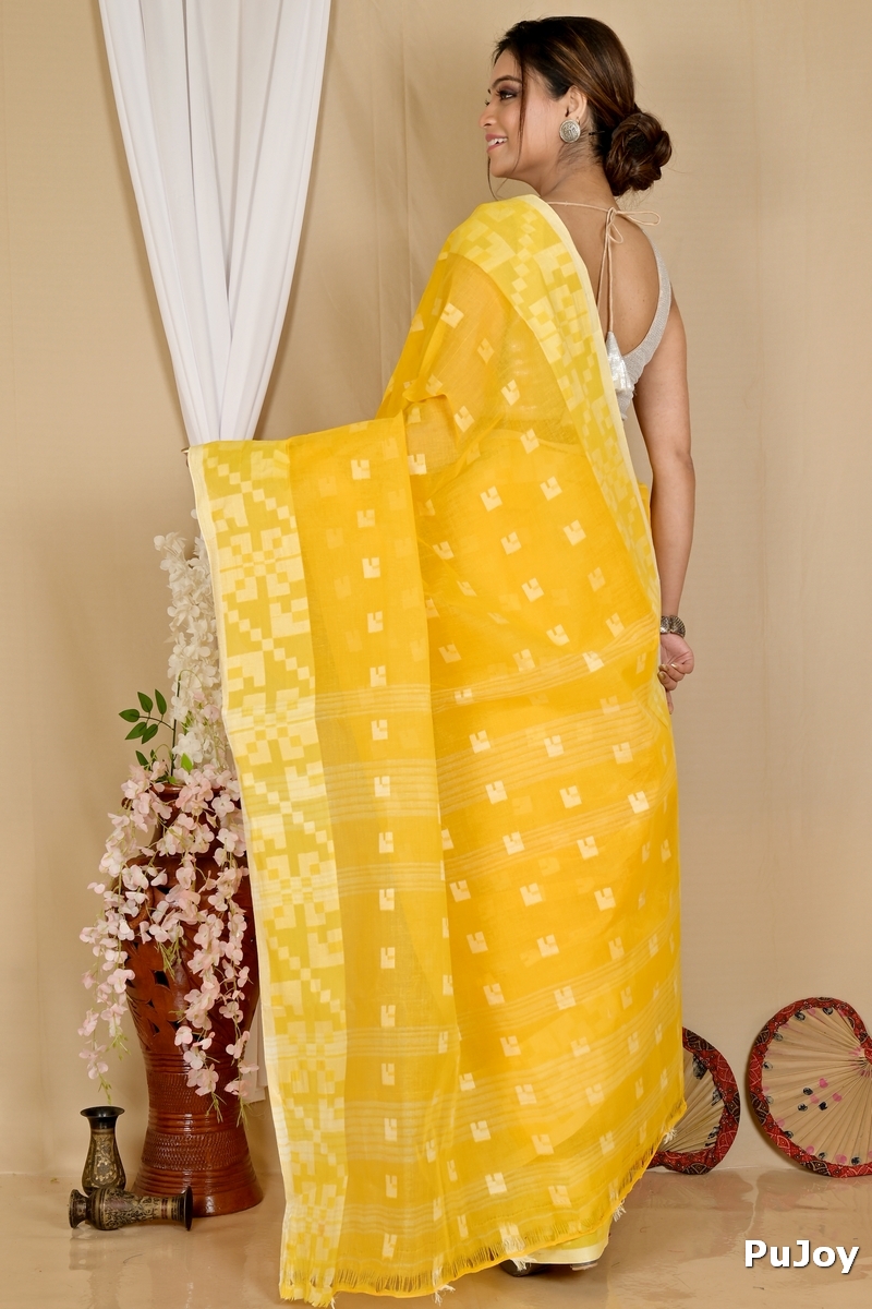 Yellow Pure Cotton Aptuk Tant Saree (1625)