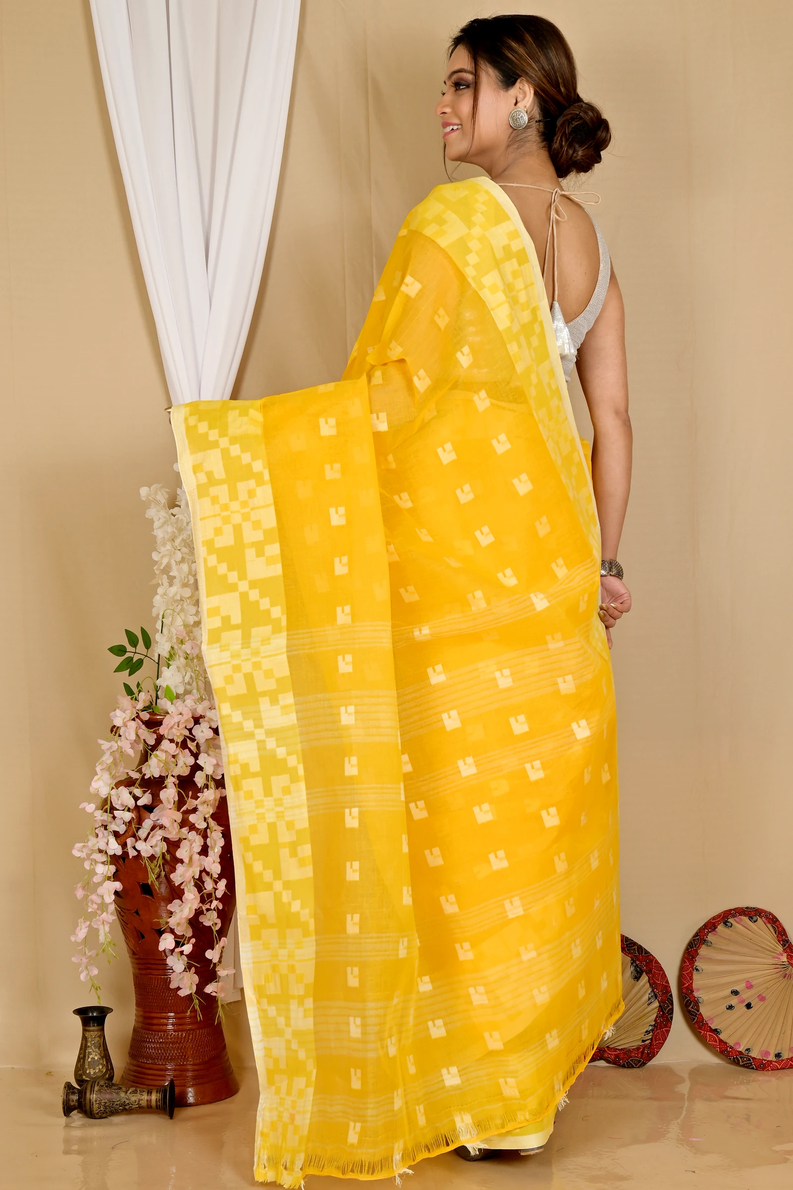 Yellow Pure Cotton Aptuk Tant Saree (1625)