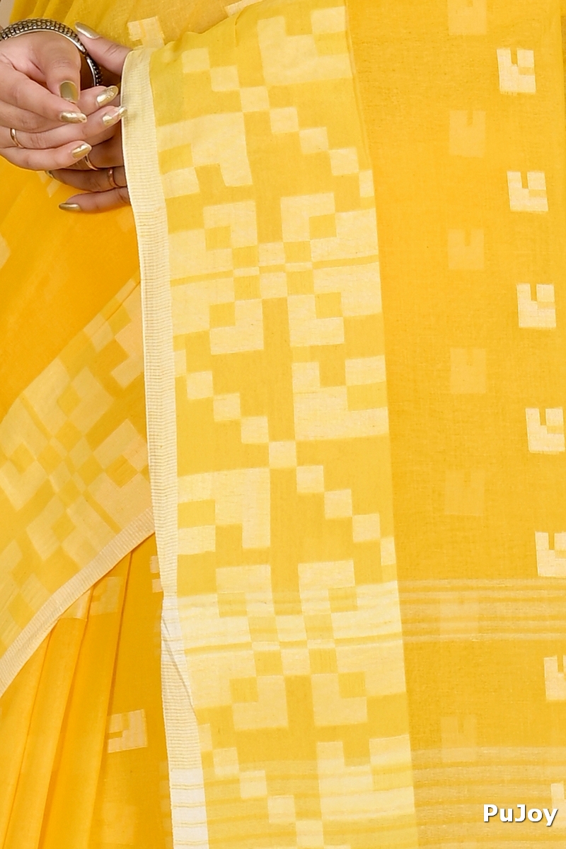 Yellow Pure Cotton Aptuk Tant Saree (1625)