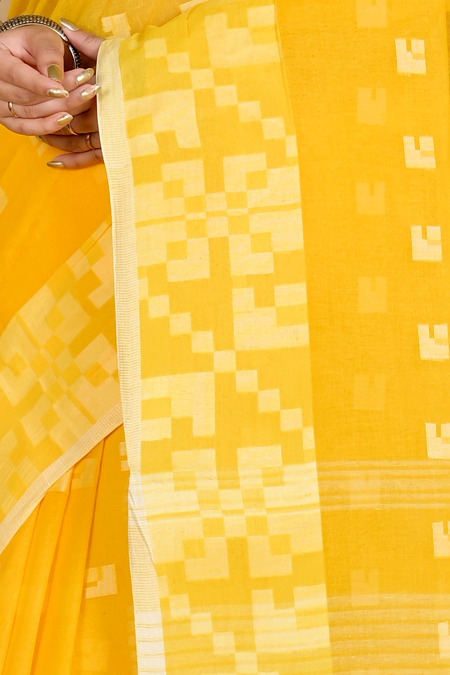 Yellow Pure Cotton Aptuk Tant Saree (1625)