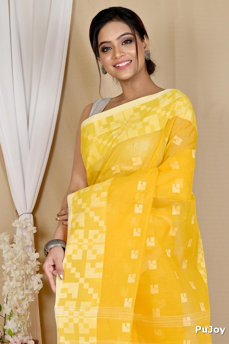 Yellow Pure Cotton Aptuk Tant Saree (1625)